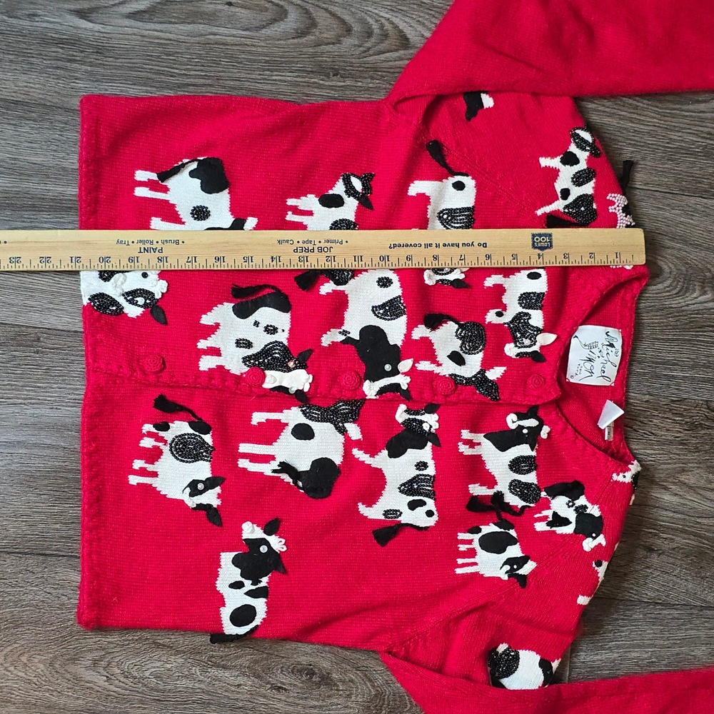 Michael Simon Cow Print Beaded Cardigan Medium Red Womens Vintage 1998 Sweater - Picture 8 of 11